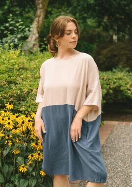 Jackson Rowe Lagenlook Dress Linen Oversized Colorblock Coastal Women Medium